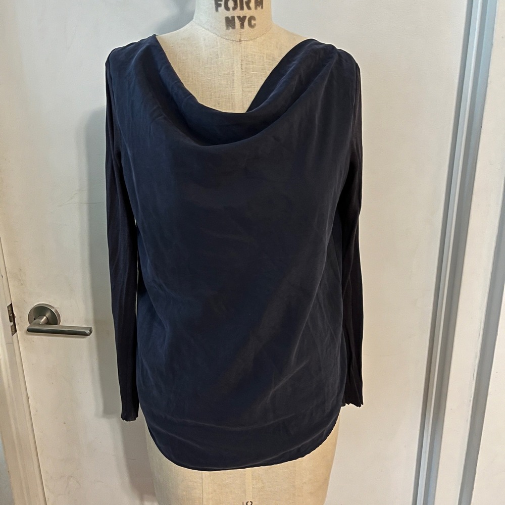 COS Navy Blue Silk Blend Cowl Neck Minimalist Top Size 6